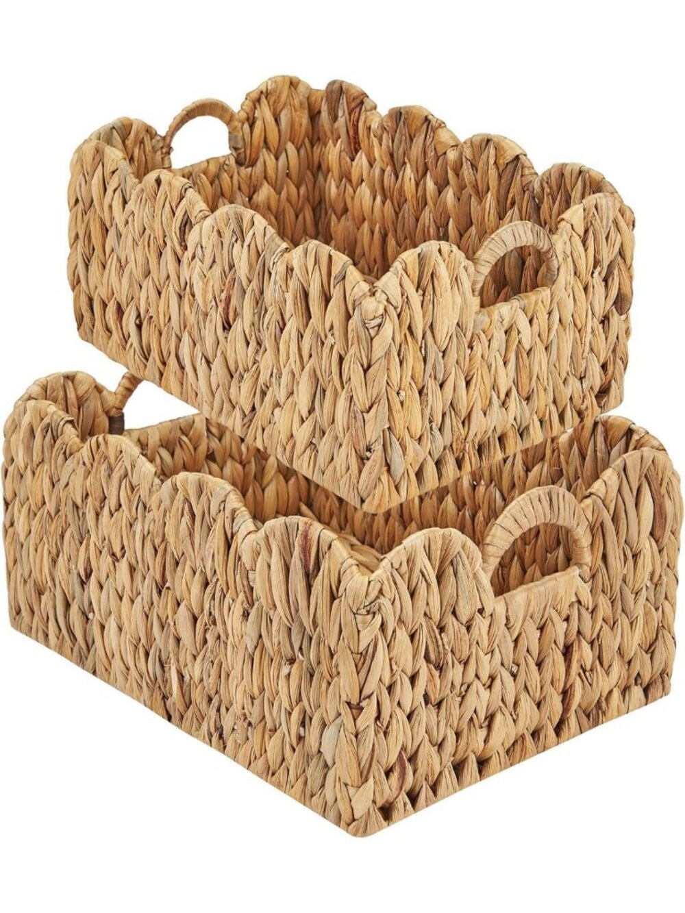 Handwoven Wicker Storage Baskets Set, Scalloped Design with Handles, Natural